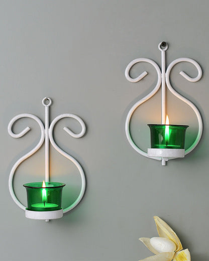 Set of 2 Decorative White Wall Sconce/Candle Holder With Red Glass and Free T-light Candles