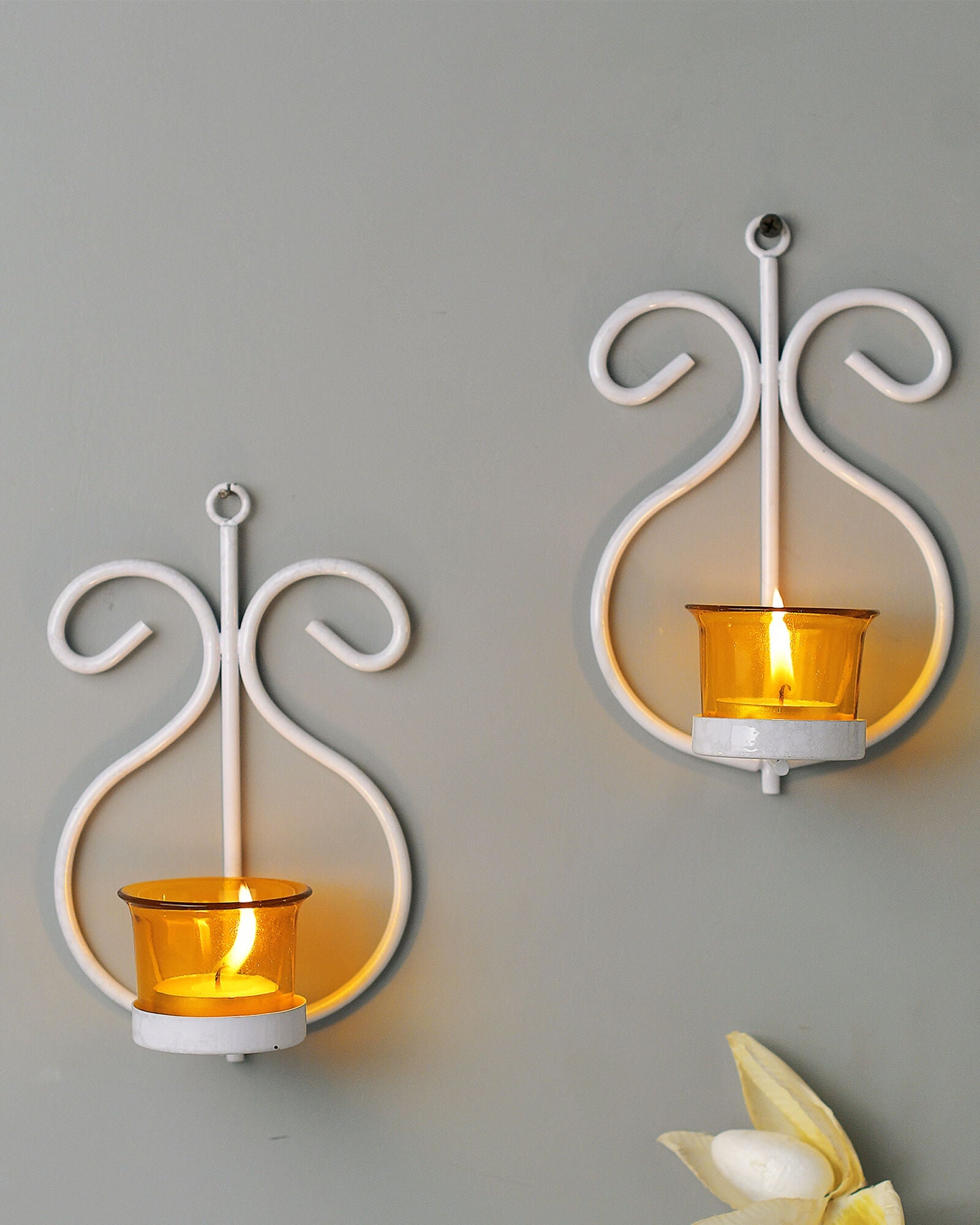 Set of 2 Decorative White Wall Sconce/Candle Holder With Red Glass and Free T-light Candles