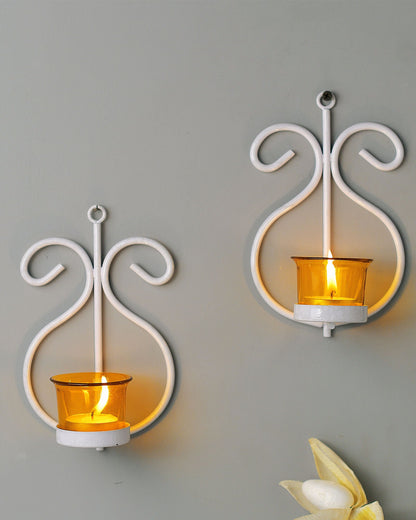 Set of 2 Decorative White Wall Sconce/Candle Holder With Red Glass and Free T-light Candles