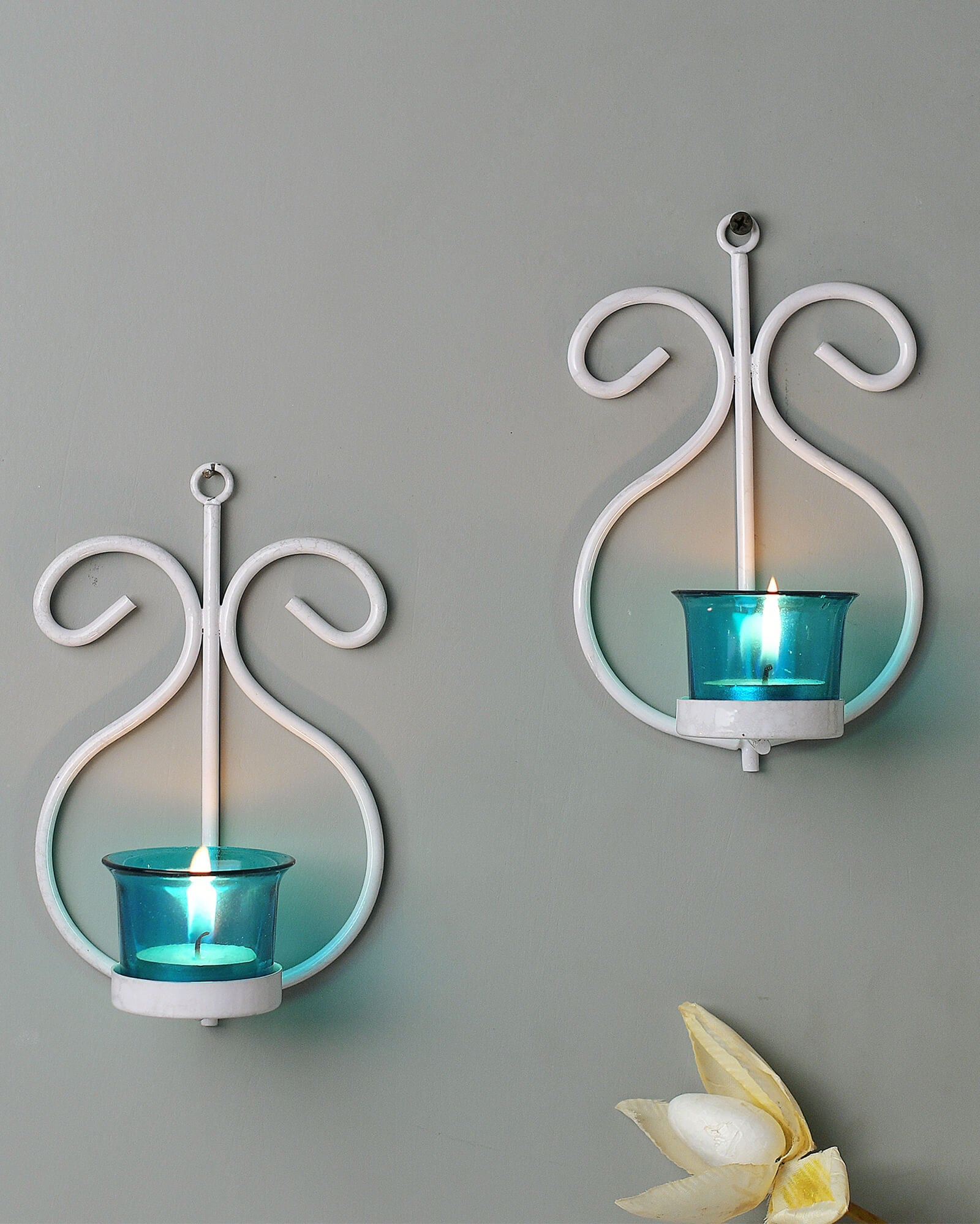 Set of 2 Decorative White Wall Sconce/Candle Holder With Red Glass and Free T-light Candles