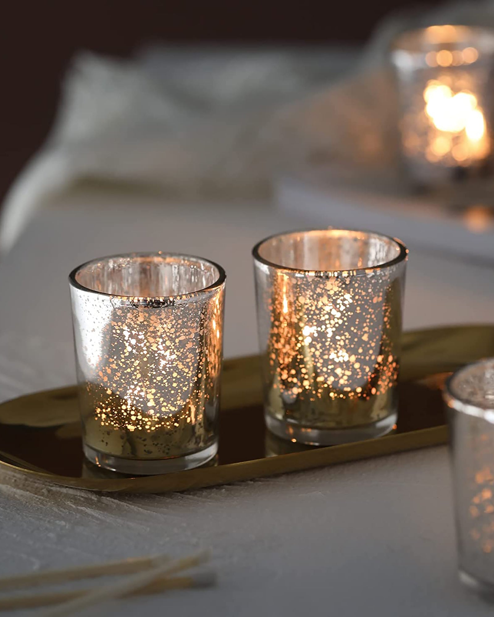 Mercury Silver T-light holder, Glass candle holder stand with free candle,set of 10