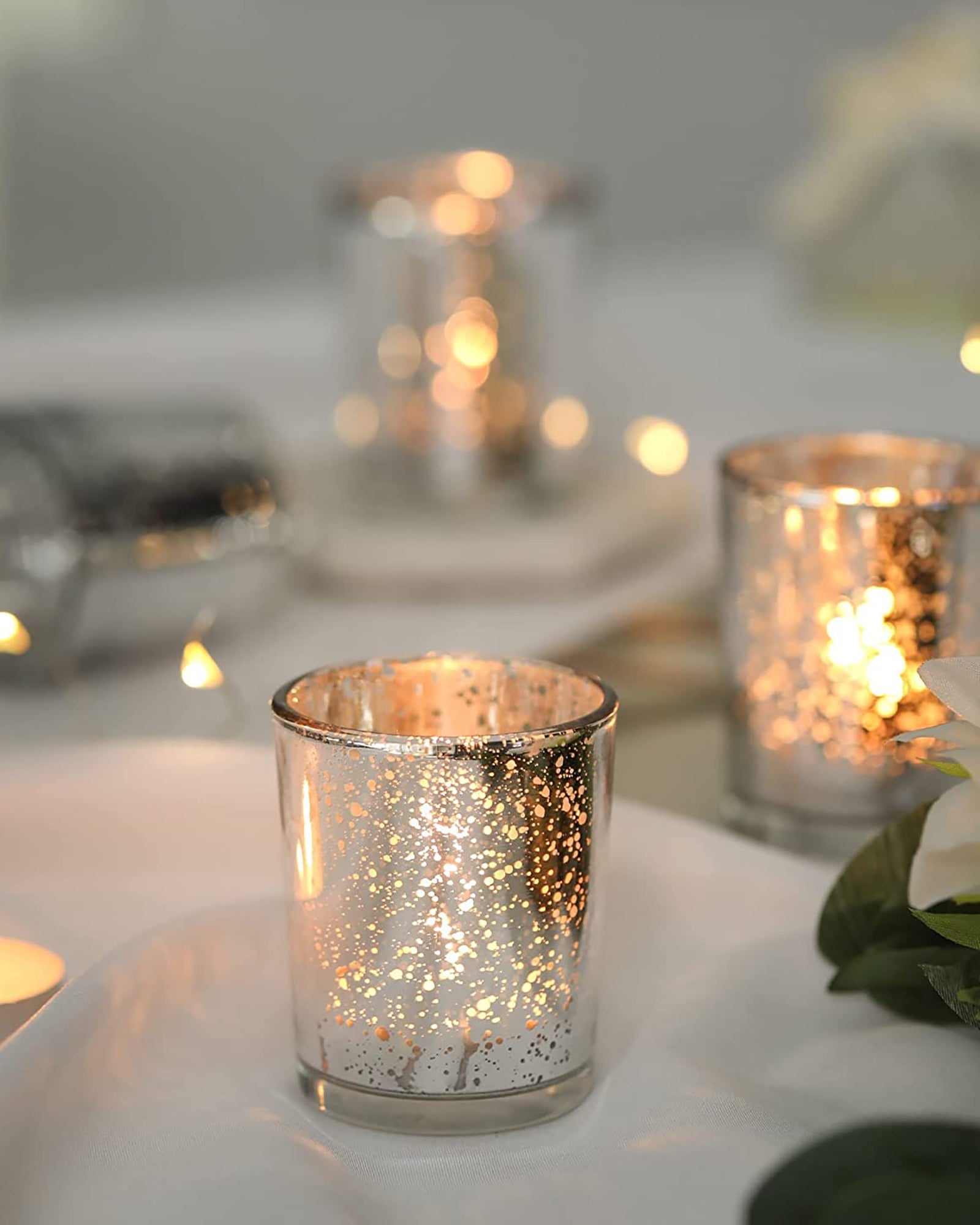 Mercury Silver T-light holder, Glass candle holder stand with free candle,set of 10