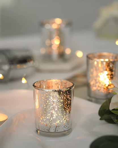 Mercury Silver T-light holder, Glass candle holder stand with free candle,set of 10