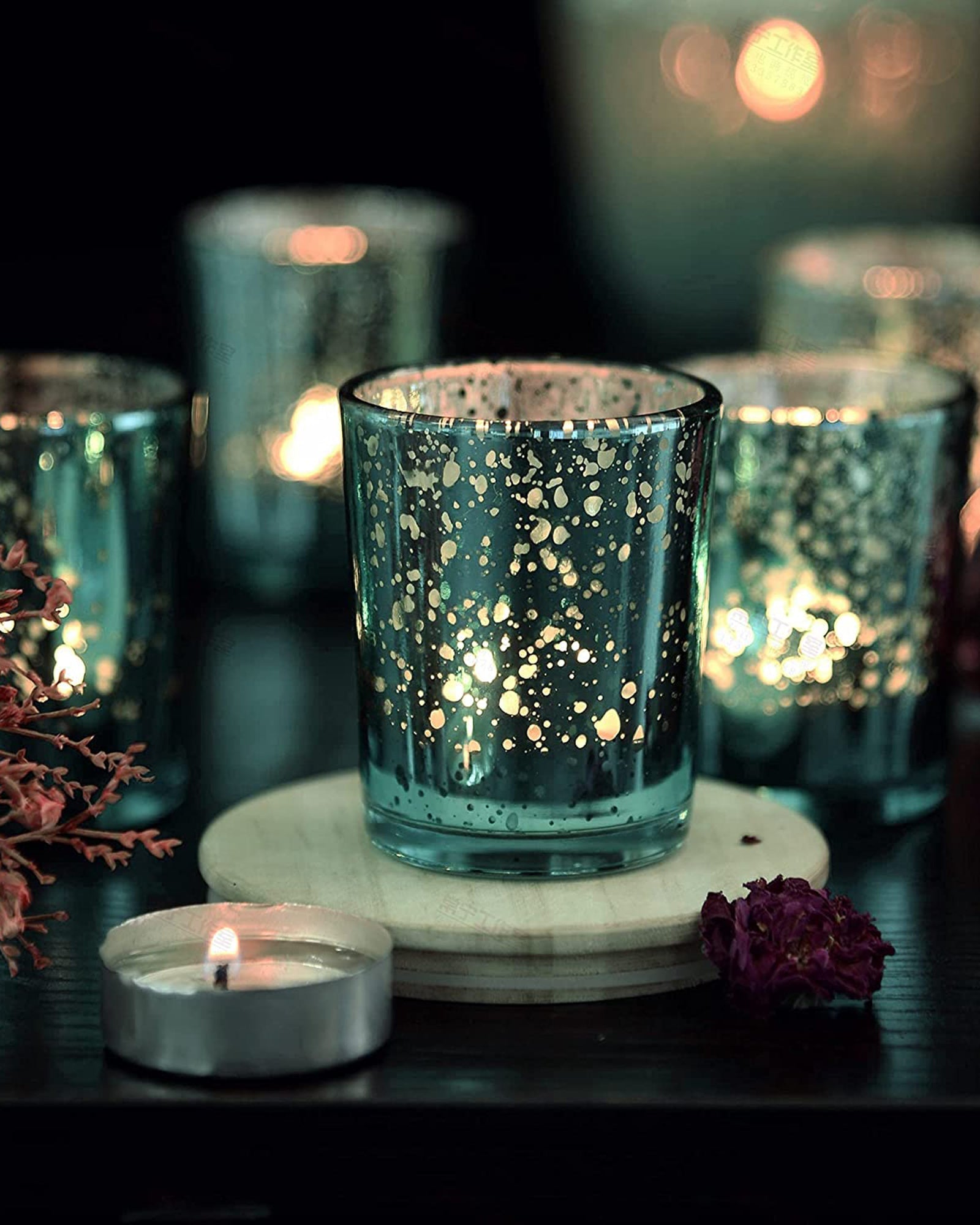 Mercury Silver T-light holder, Glass candle holder stand with free candle,set of 10