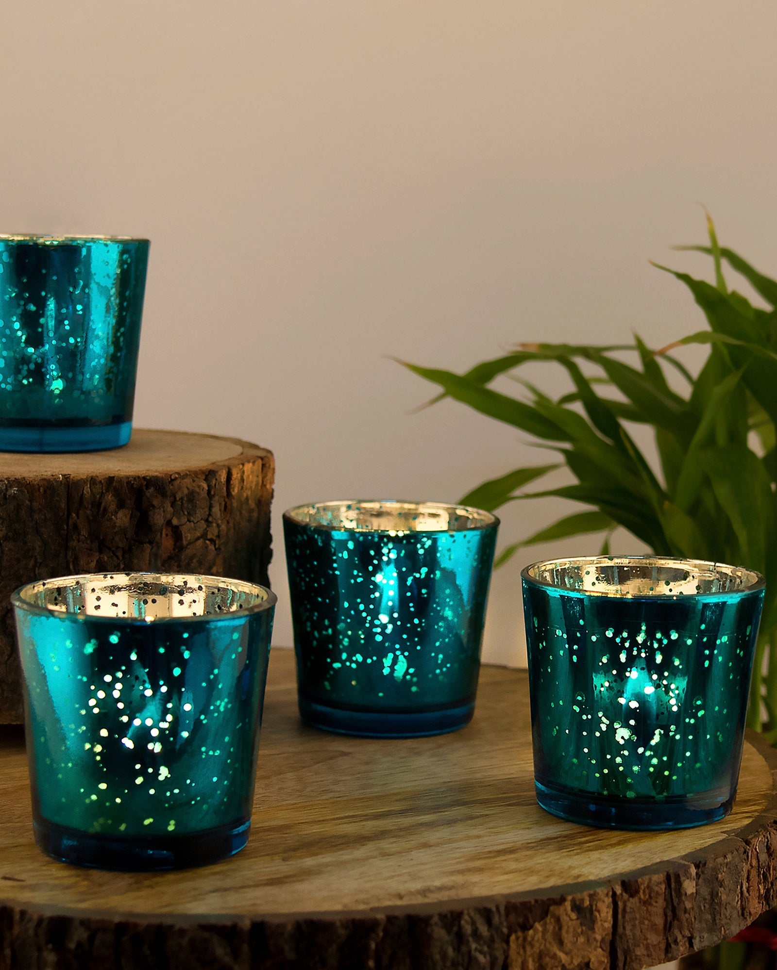 Mercury Silver T-light holder, Glass candle holder stand with free candle,set of 10