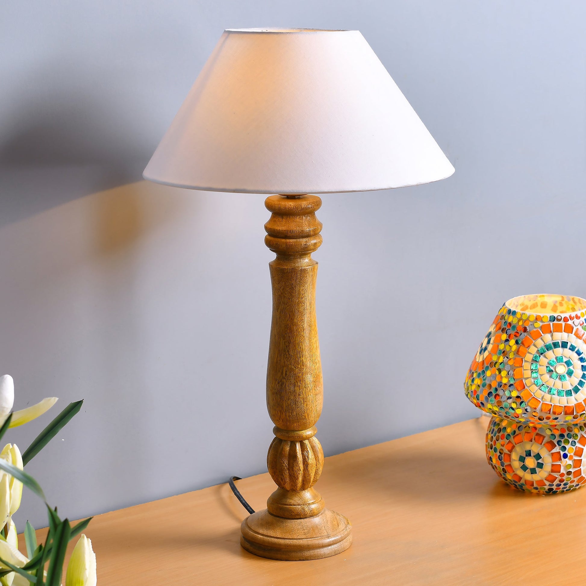 Classic Victorian Natural Wood Table Lamp With Shade