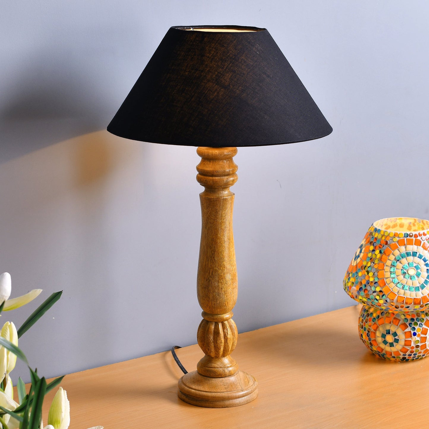 Classic Victorian Natural Wood Table Lamp With Shade