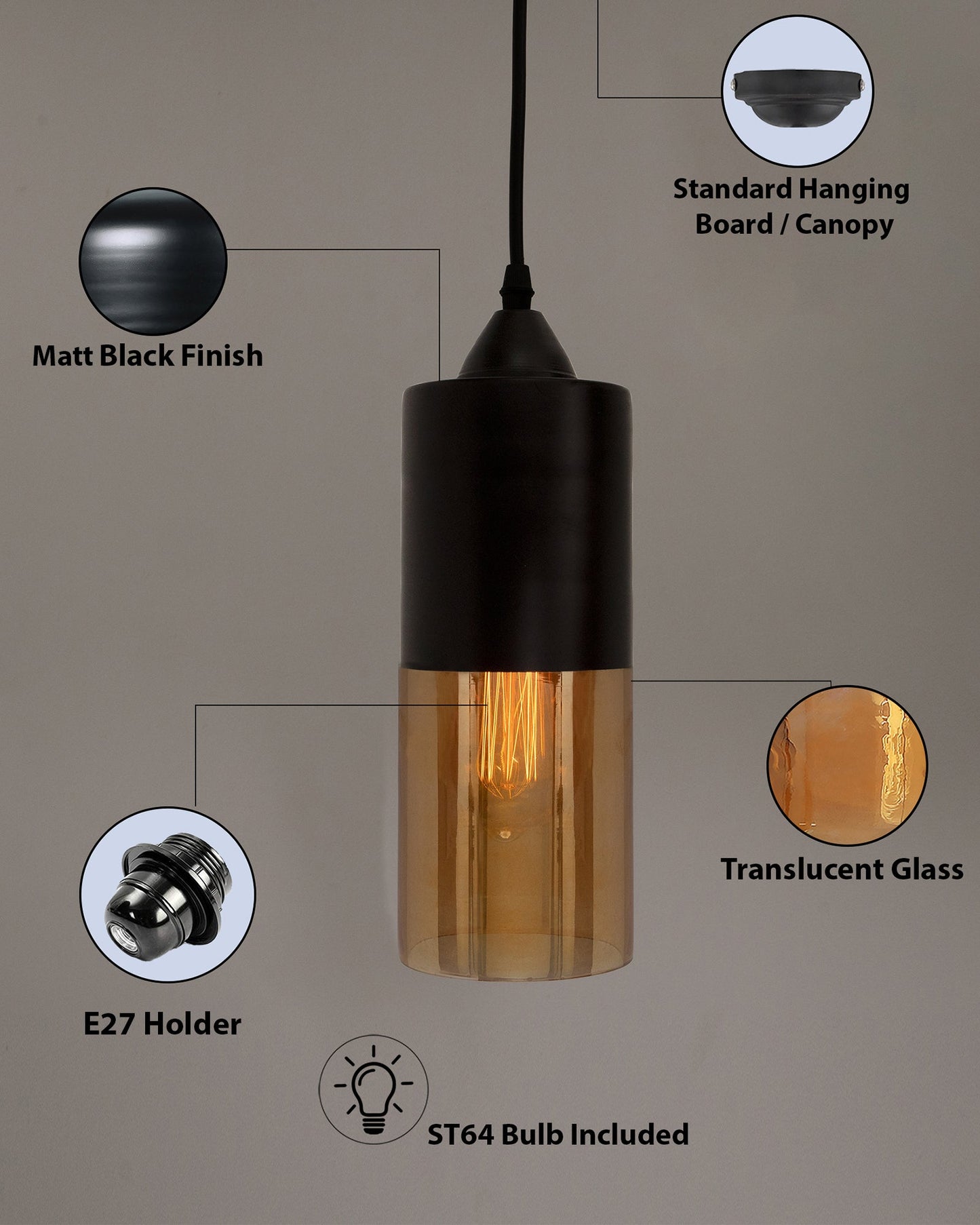 Glass Tube Pendant Light Loft Bar Counter Dining Room Ceiling Hanging Lamp, E27