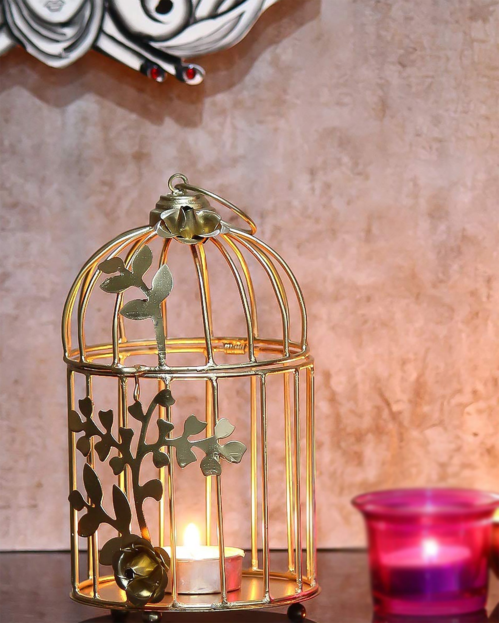 Table Decor Metal Bird Cage Light Antique Diwali Showpieces for Home Decor tealight candle holders | Tea Light Holder with Flower Vine Antique Lantern Candlestick Holders for Home, Living Room, Mandir Decoration