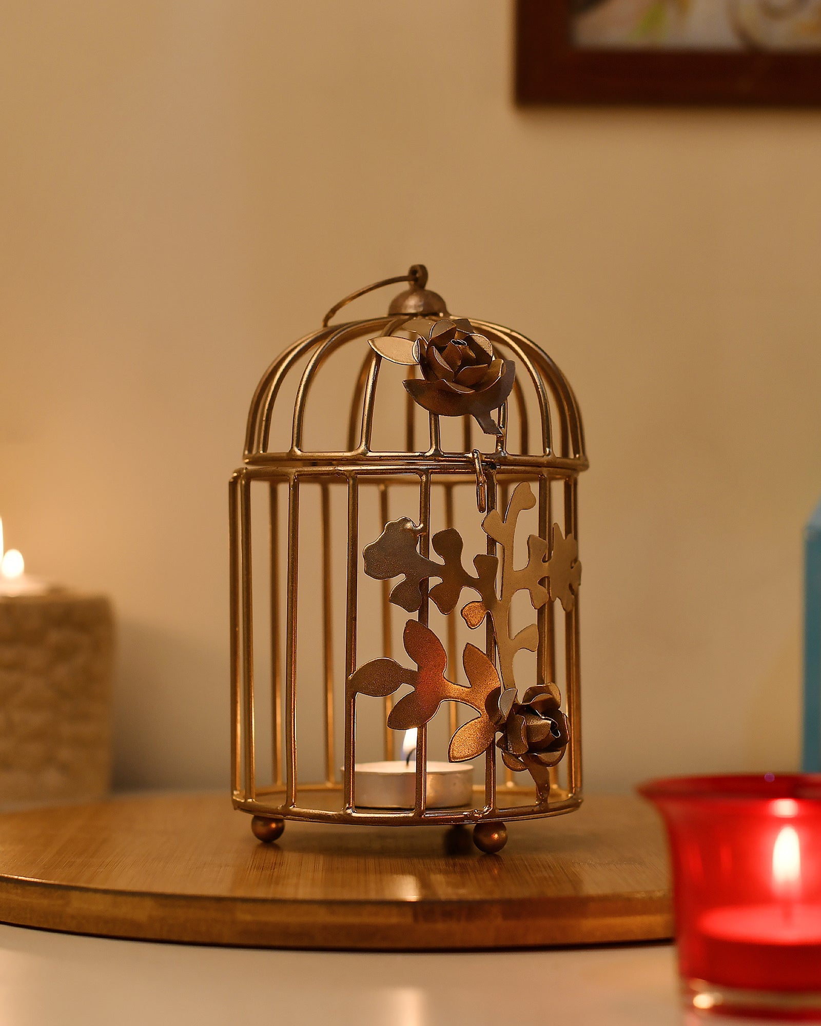 Homesake® Candle Holder | Tealight Holder for Home Décor, Living Room, Table Décor, Pooja Candle Stand Lantern, Room, Diwali Decoration, Wedding & Festival Gift, Metal Birdcage Design, Golden