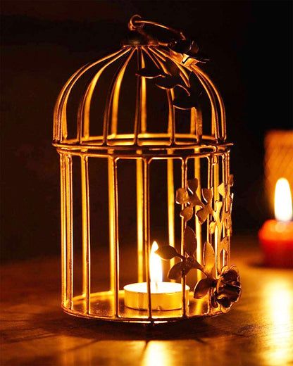 Homesake® Candle Holder | Tealight Holder for Home Décor, Living Room, Table Décor, Pooja Candle Stand Lantern, Room, Diwali Decoration, Wedding & Festival Gift, Metal Birdcage Design, Golden