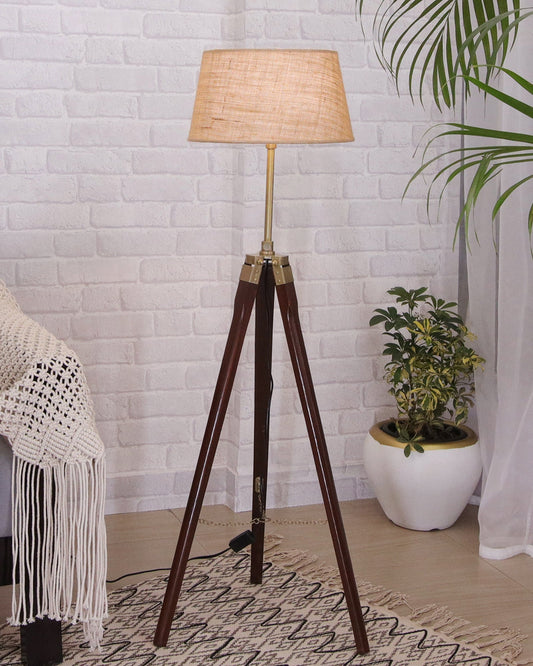 Tripod Floor Lamp with Shade Wooden, Brass Finish Industrial Nautical Marine Decorative Lamp