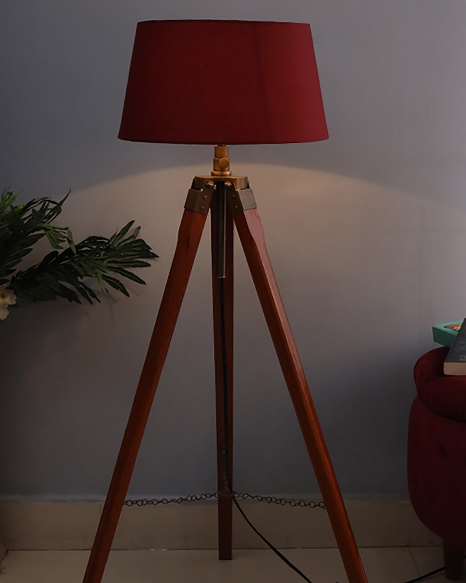 Tripod Floor Lamp with Shade Wooden, Brass Finish Industrial Nautical Marine Decorative Lamp