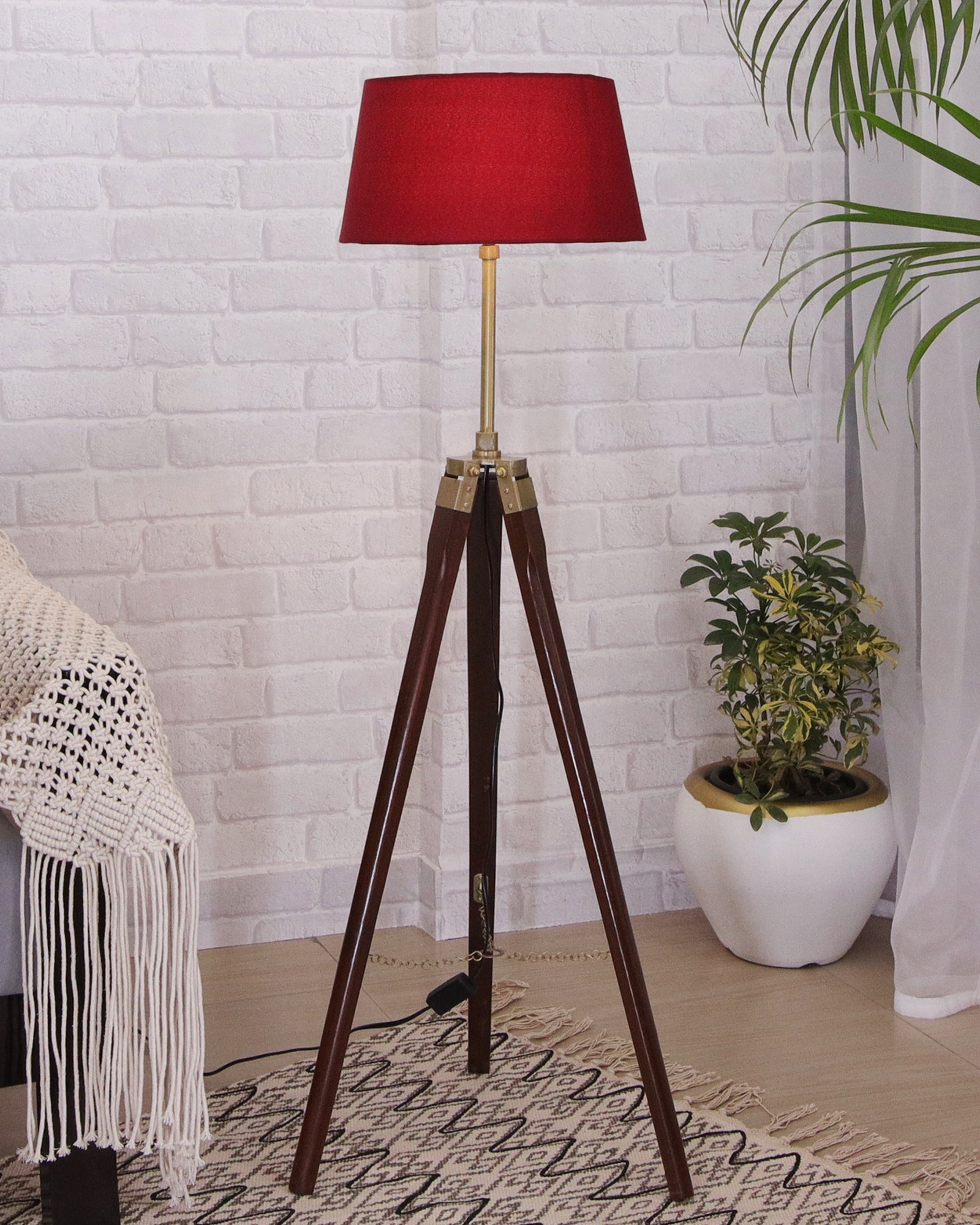 Tripod Floor Lamp with Shade Wooden, Brass Finish Industrial Nautical Marine Decorative Lamp