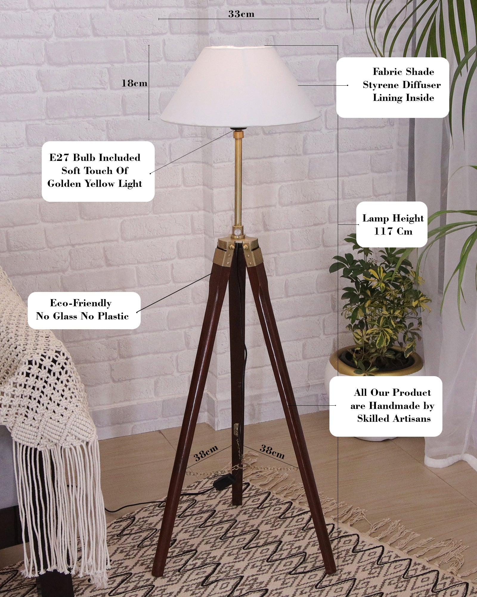 Tripod Floor Lamp with Shade Wooden, Brass Finish Industrial Nautical Marine Decorative Lamp