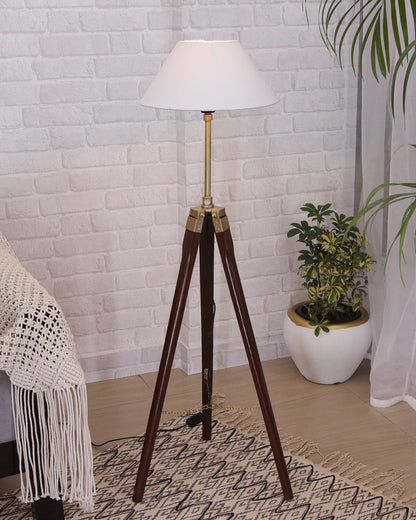 Tripod Floor Lamp with Shade Wooden, Brass Finish Industrial Nautical Marine Decorative Lamp
