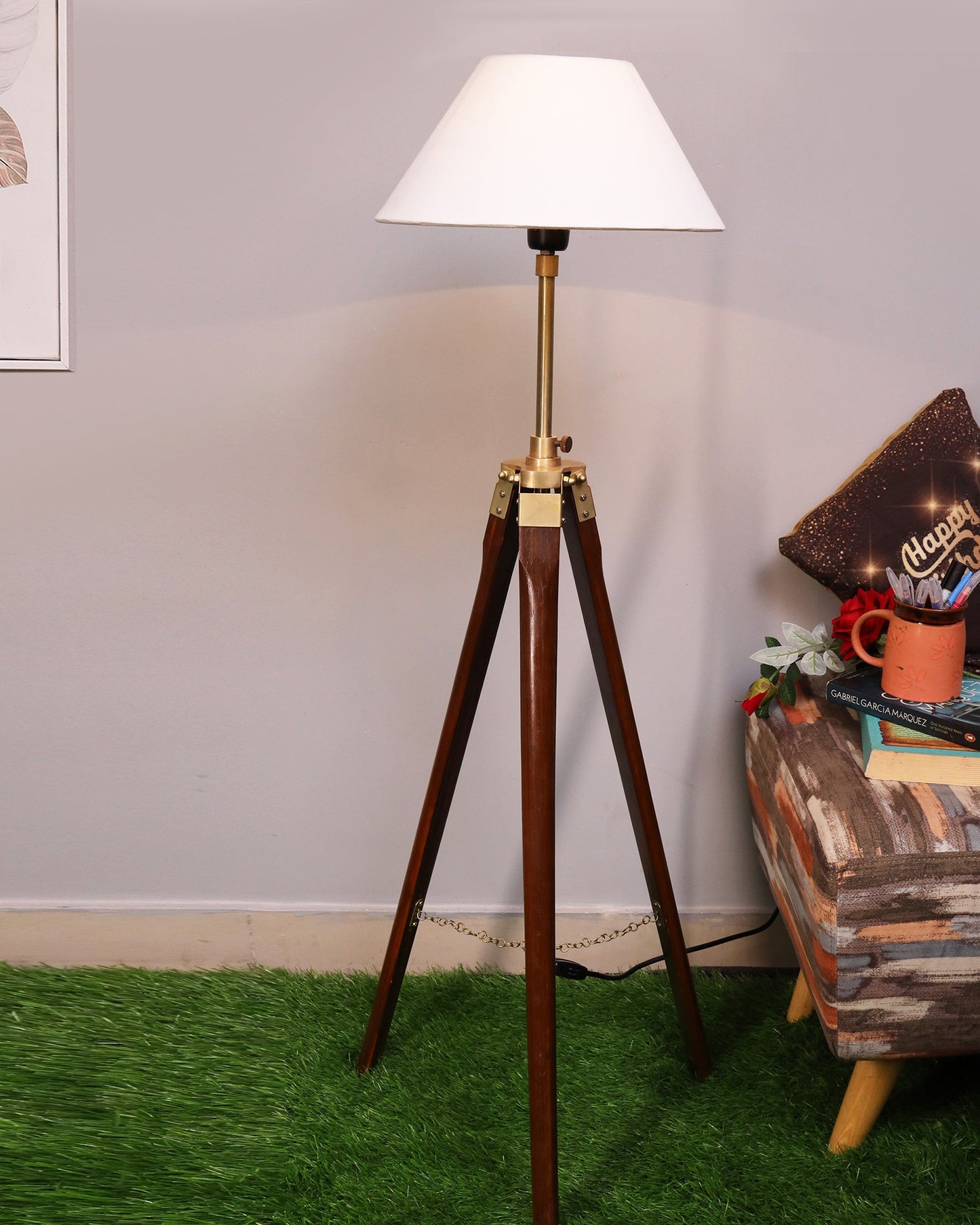 Tripod Floor Lamp with Shade Wooden, Brass Finish Industrial Nautical Marine Decorative Lamp
