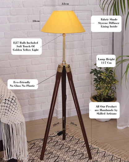 Tripod Floor Lamp with Shade Wooden, Brass Finish Industrial Nautical Marine Decorative Lamp