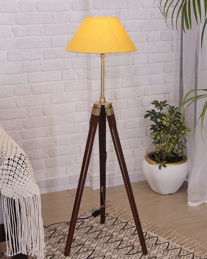 Tripod Floor Lamp with Shade Wooden, Brass Finish Industrial Nautical Marine Decorative Lamp