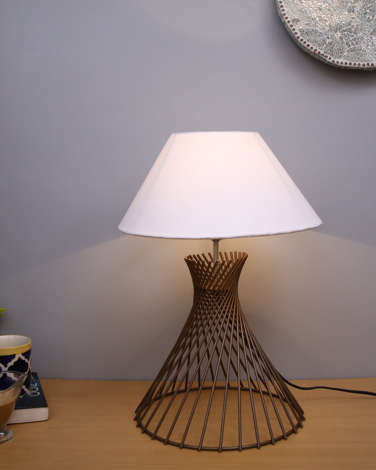 Modern Table Lamps, Spiral Metal Wire Golden Base with Fabric Lampshade for Home Office Cafe Restaurant