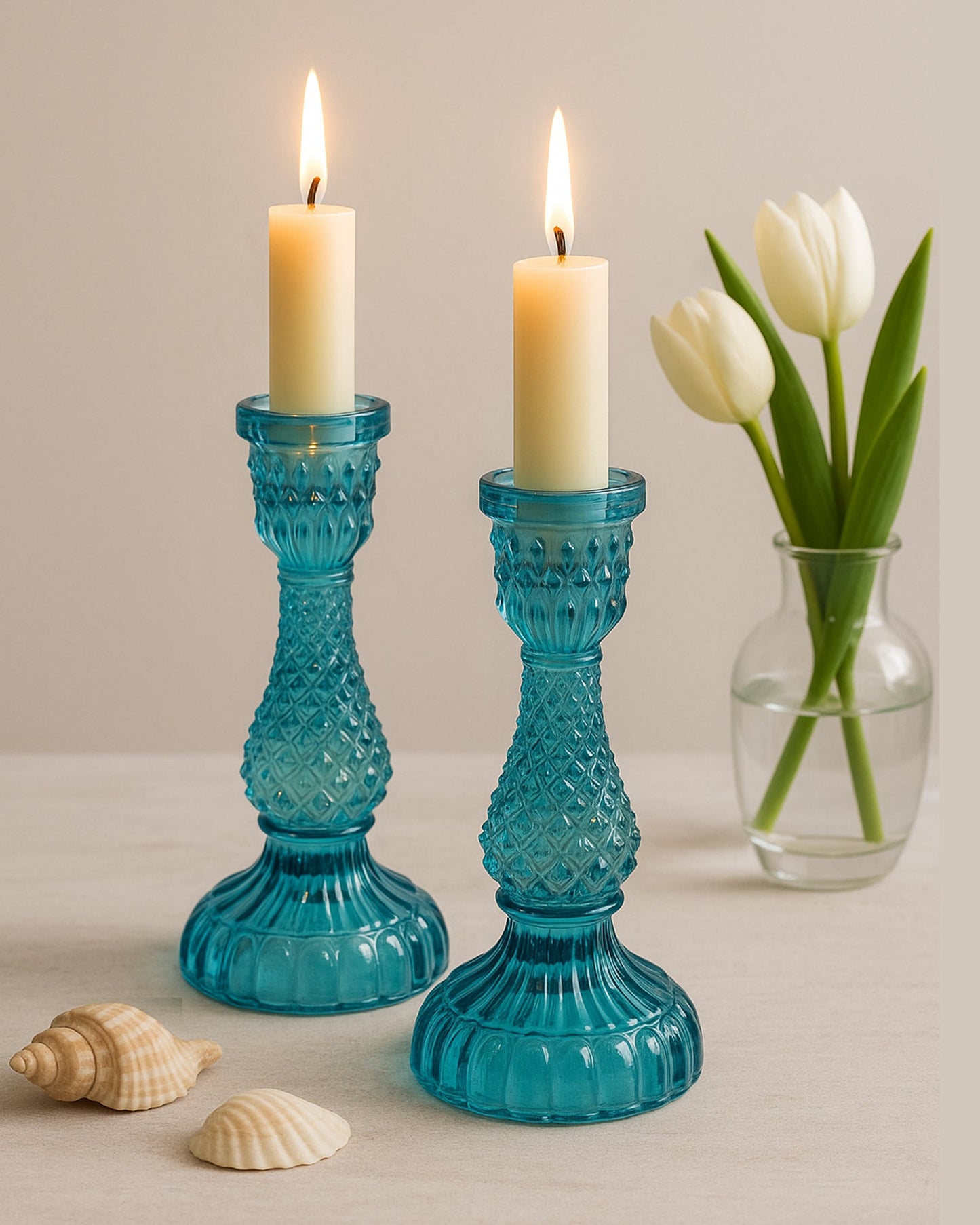 Solid Glass Candle Stand Carved Set of 2 (Solid)