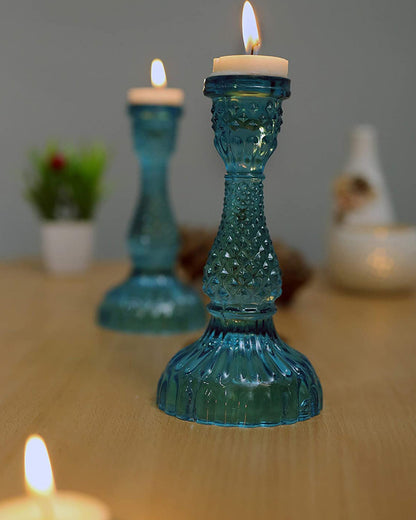 Solid Glass Candle Stand Carved Set of 2 (Solid)