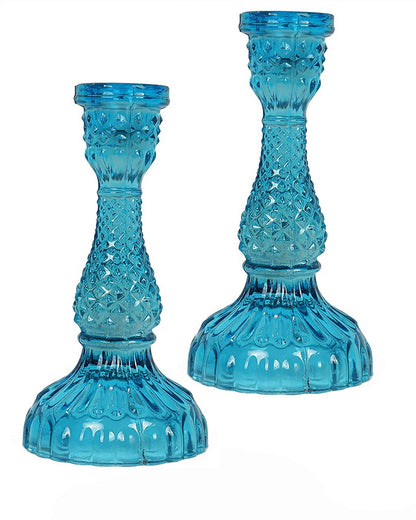 Solid Glass Candle Stand Carved Set of 2 (Solid)