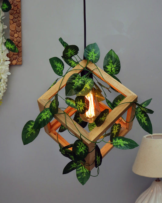 Hanging Pendant Plant Light Fixtures Creative Home Decor Living Room Dining, Ceiling light with leafy vine and filament bulb, Natural Wood Cube