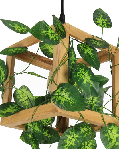 Hanging Pendant Plant Light Fixtures Creative Home Decor Living Room Dining, Ceiling light with leafy vine and filament bulb, Natural Wood Cube