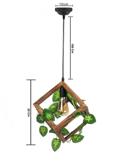 Hanging Pendant Plant Light Fixtures Creative Home Decor Living Room Dining, Ceiling light with leafy vine and filament bulb, Antique Wood Cube