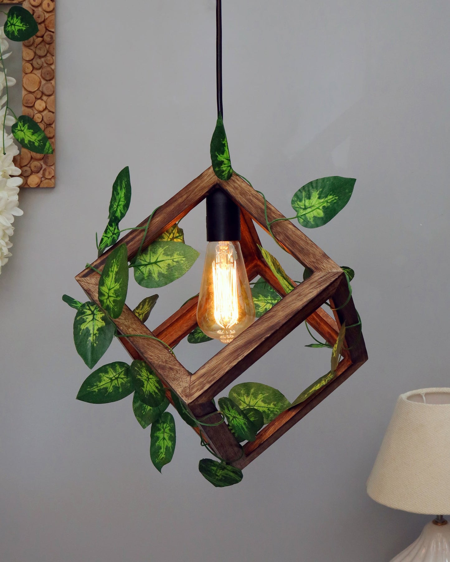 Hanging Pendant Plant Light Fixtures Creative Home Decor Living Room Dining, Ceiling light with leafy vine and filament bulb, Antique Wood Cube