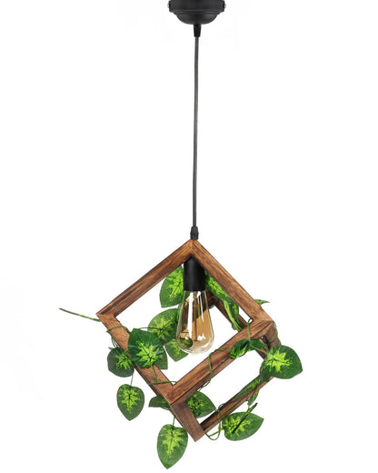 Hanging Pendant Plant Light Fixtures Creative Home Decor Living Room Dining, Ceiling light with leafy vine and filament bulb, Antique Wood Cube