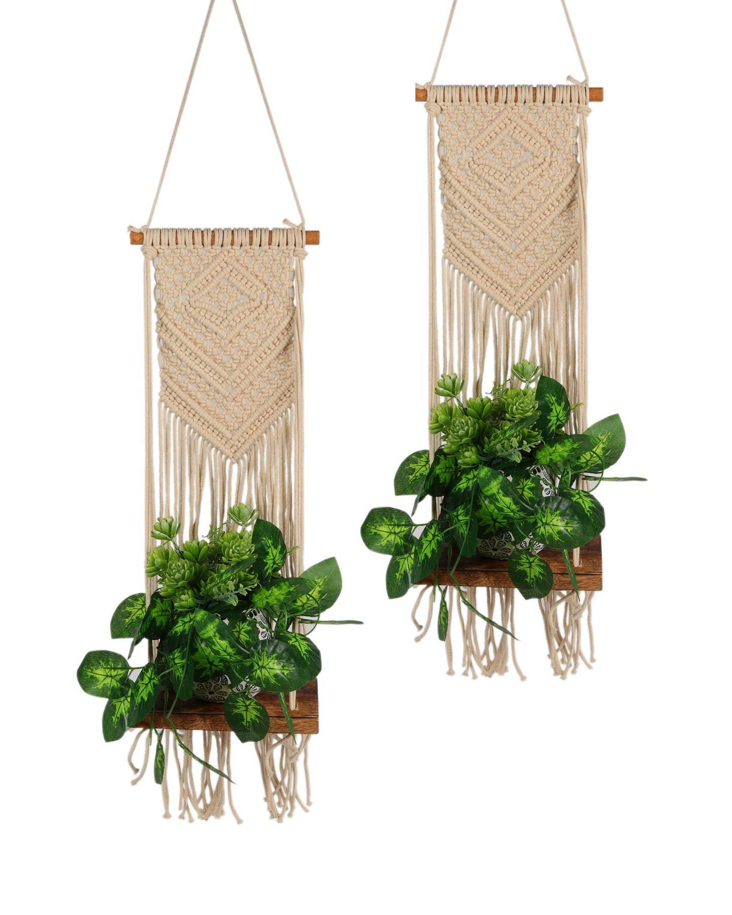 Macrame Wall Hanging Shelf Woven Home Decor Wood Floating Storage Shelf Bohemian Handmade Cotton Rope,Living Room, Balcony, Garden, Set of 2, Size 69 x 20cm