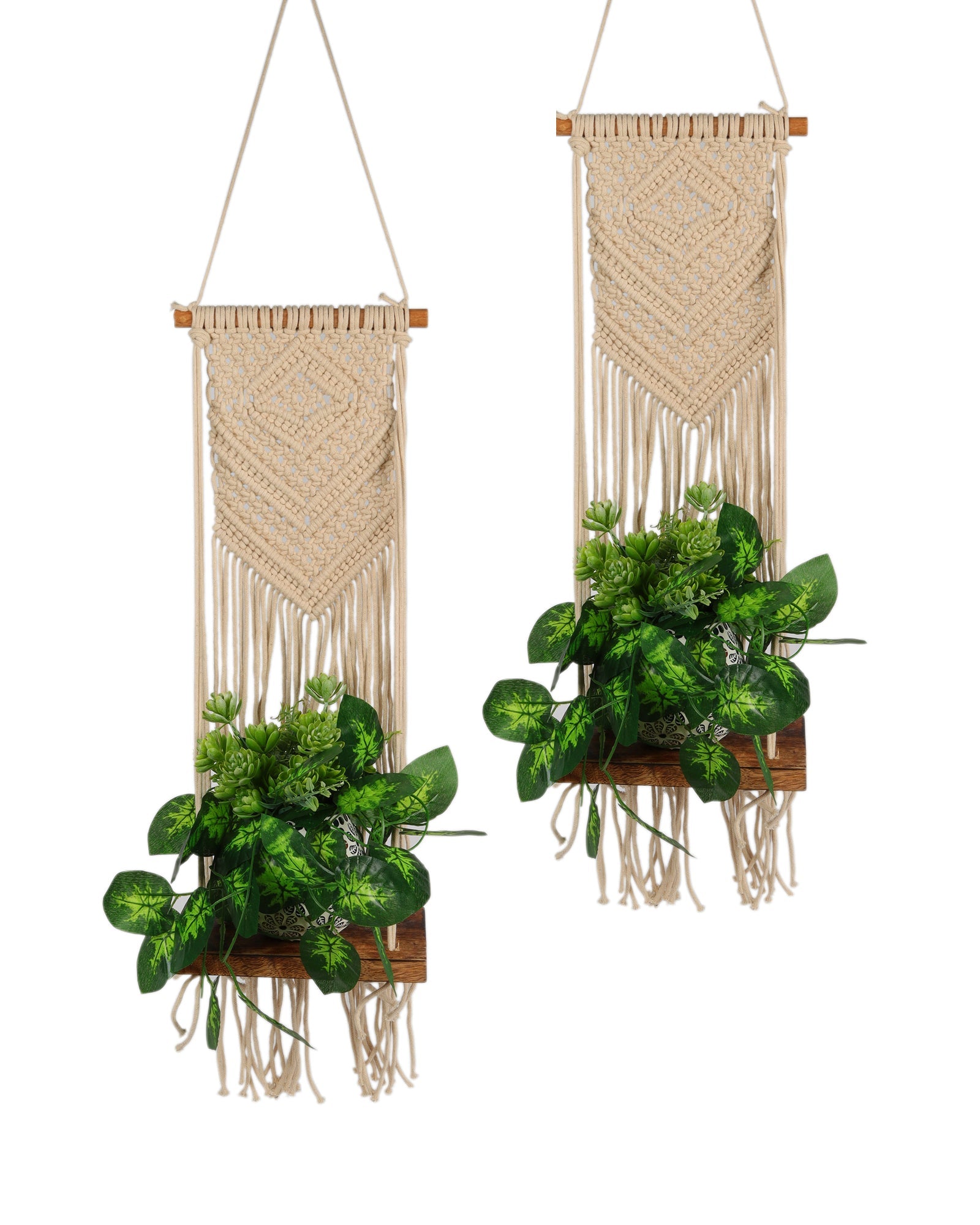 Macrame Wall Hanging Shelf Woven Home Decor Wood Floating Storage Shelf Bohemian Handmade Cotton Rope,Living Room, Balcony, Garden, Set of 2, Size 69 x 20cm