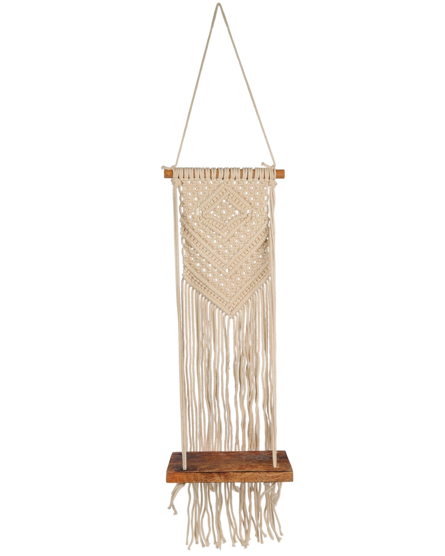 Macrame Wall Hanging Shelf Woven Home Decor Wood Floating Storage Shelf Bohemian Handmade Cotton Rope,Living Room, Balcony, Garden, Set of 2, Size 69 x 20cm