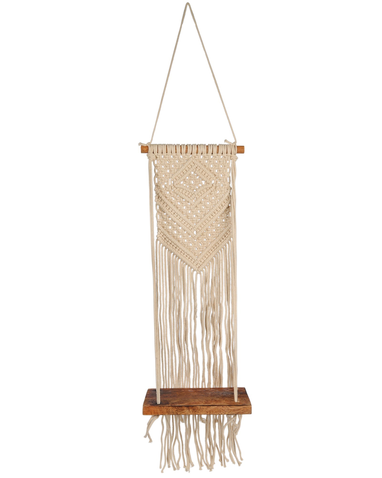 Macrame Wall Hanging Shelf Woven Home Decor Wood Floating Storage Shelf Bohemian Handmade Cotton Rope,Living Room, Balcony, Garden, Set of 2, Size 69 x 20cm