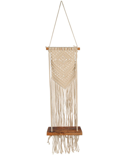 Macrame Wall Hanging Shelf Woven Home Decor Wood Floating Storage Shelf Bohemian Handmade Cotton Rope,Living Room, Balcony, Garden, Set of 2, Size 69 x 20cm