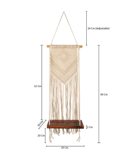 Macrame Wall Hanging Shelf Woven Home Decor Pine Wood Floating Storage Shelf Bohemian Handmade Cotton Rope,Living Room, Balcony, Garden, Set of 2, Size 69 x 26cm
