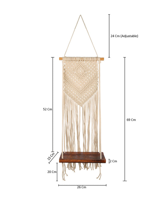 Macrame Wall Hanging Shelf Woven Home Decor Pine Wood Floating Storage Shelf Bohemian Handmade Cotton Rope,Living Room, Balcony, Garden, Set of 2, Size 69 x 26cm