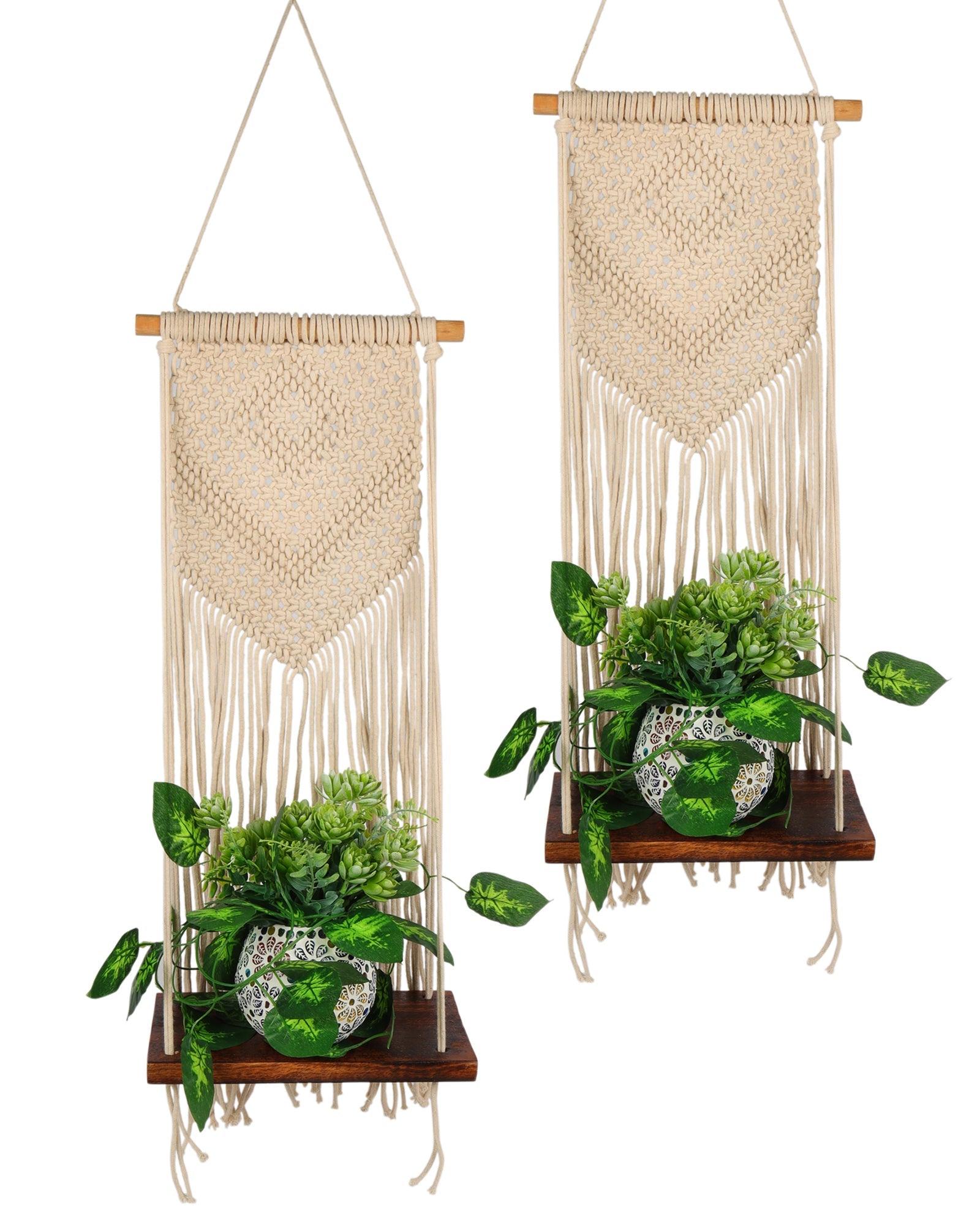 Macrame Wall Hanging Shelf Woven Home Decor Pine Wood Floating Storage Shelf Bohemian Handmade Cotton Rope,Living Room, Balcony, Garden, Set of 2, Size 69 x 26cm