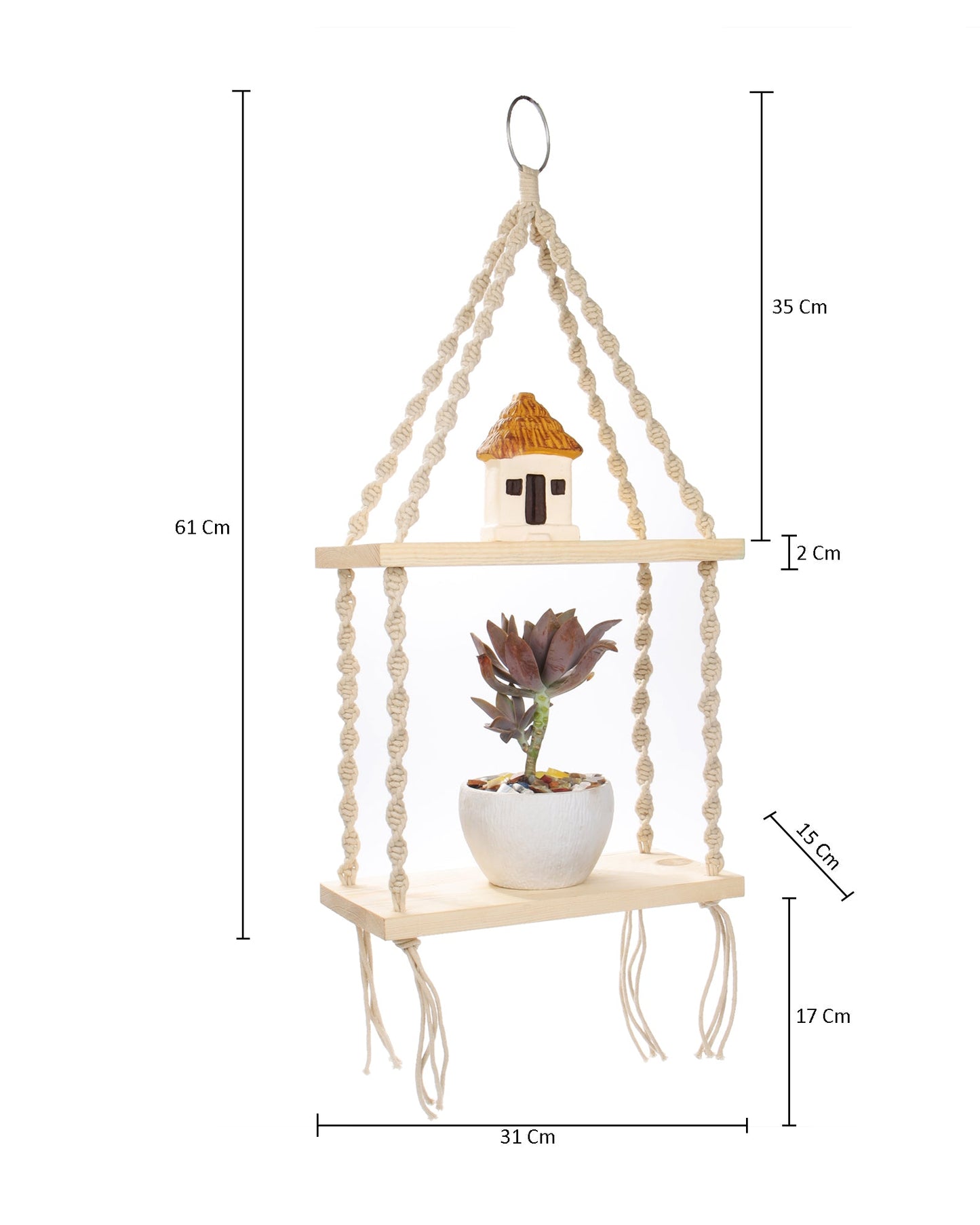Macrame Wall Hanging Shelf Woven Home Decor Pine Wood Floating Storage Shelf Bohemian Handmade Cotton Rope,Living Room, Balcony, Garden, 2 Tier