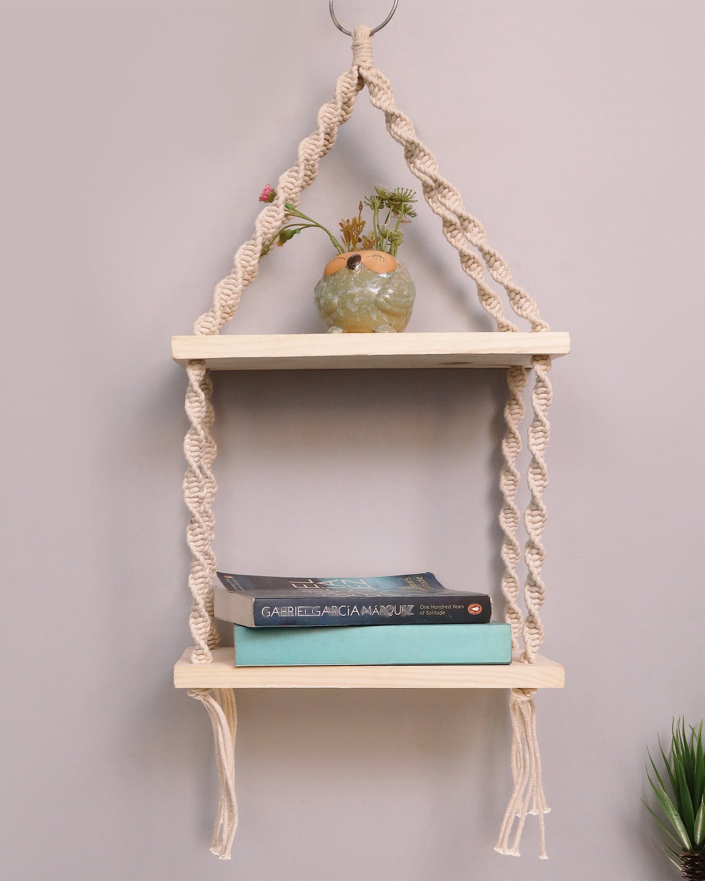 Macrame Wall Hanging Shelf Woven Home Decor Pine Wood Floating Storage Shelf Bohemian Handmade Cotton Rope,Living Room, Balcony, Garden, 2 Tier