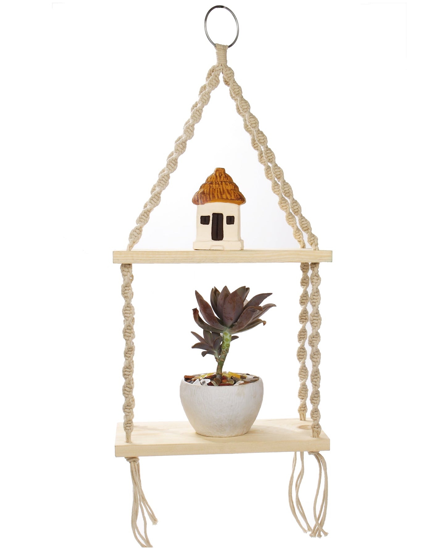 Macrame Wall Hanging Shelf Woven Home Decor Pine Wood Floating Storage Shelf Bohemian Handmade Cotton Rope,Living Room, Balcony, Garden, 2 Tier