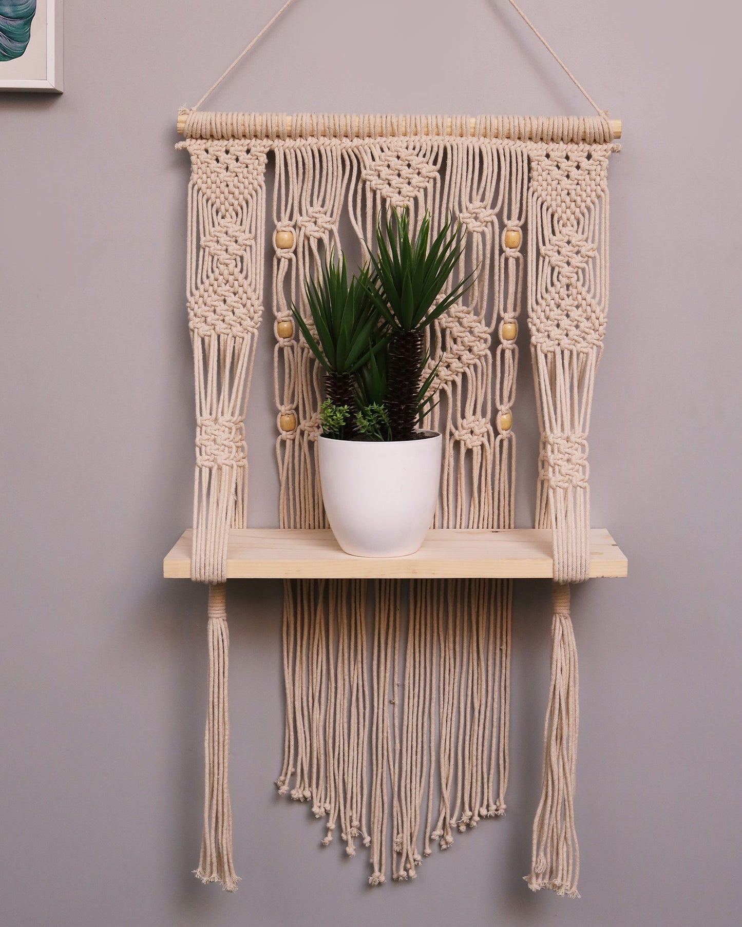 Macrame Wall Hanging Shelf-ideal décor-plants storage bookshelf-Bohemian Decorative Floating Indoor For bedroom kitchen bathroom room with window Plant hanger, Plank