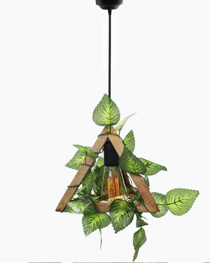 Hanging Pendant Plant Light Fixtures Creative Home Decor Living Room Dining, Ceiling light with leafy vine and filament bulb, Natural Wood Triangle