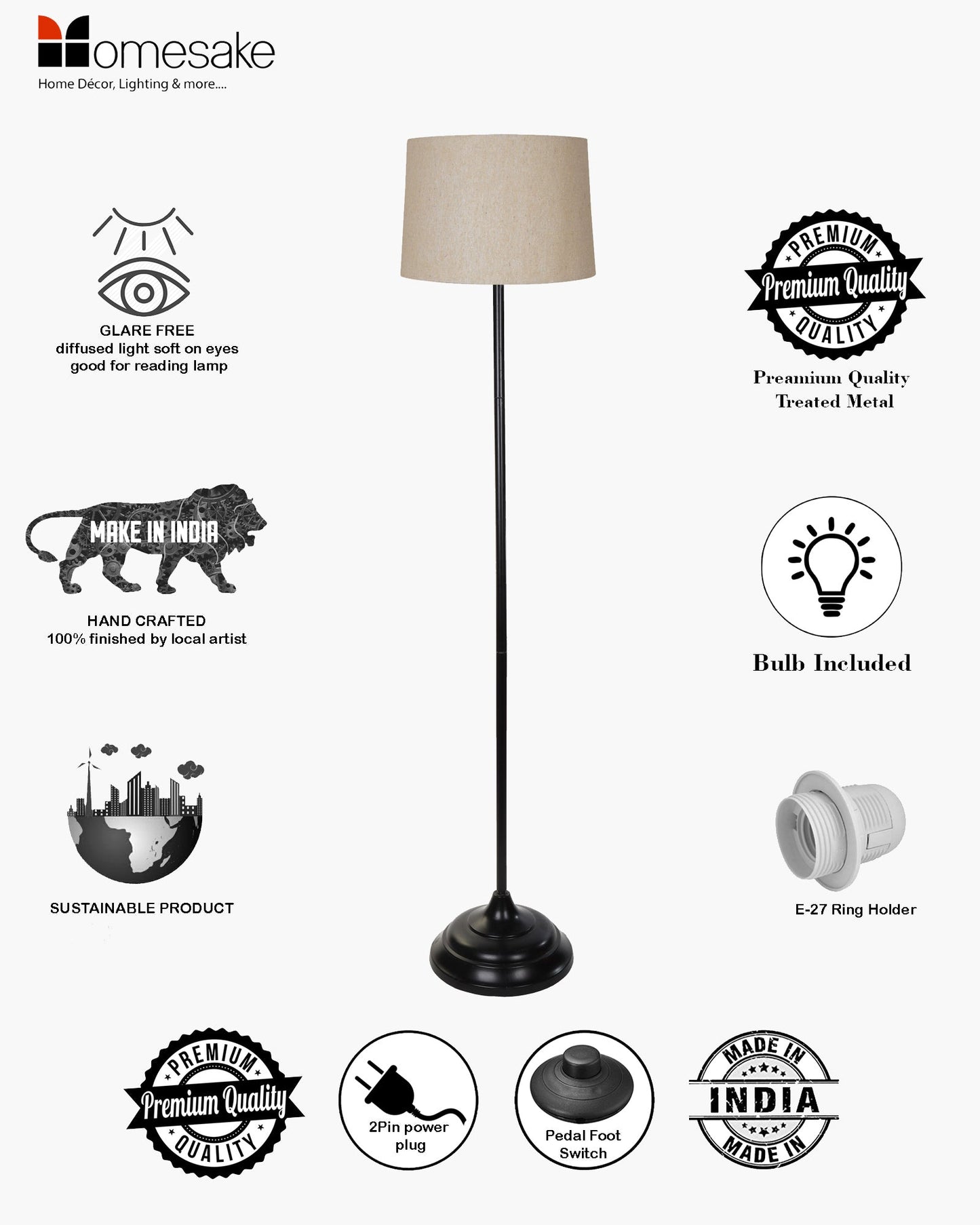 Contemporary Metal Floor Lamp,Contemporary Minimalist Standing Floor Light with Iron Legs,E27 Lamp Base,Modern Design Standing Light for Living Room,Study Room and Bedroom, Straight