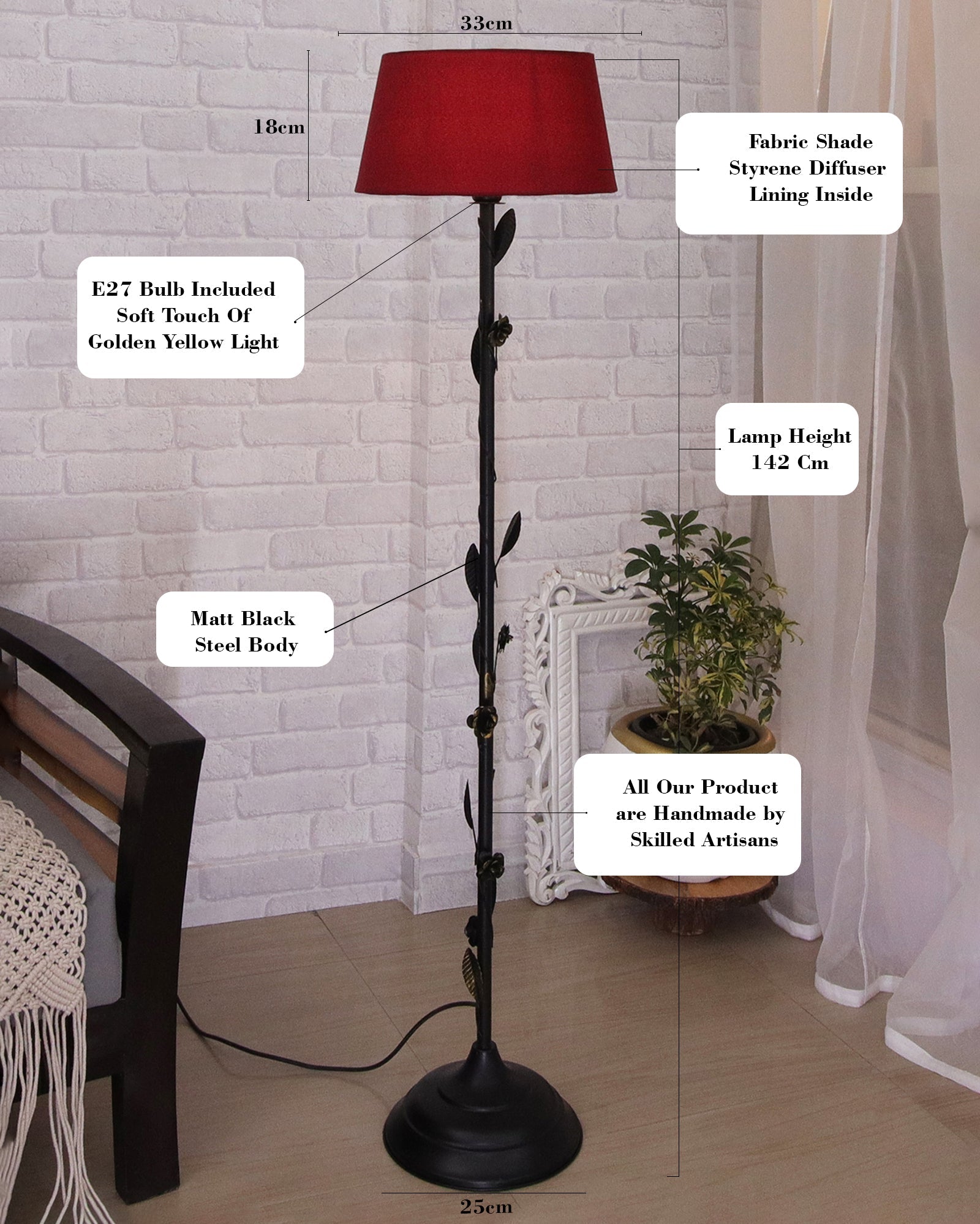 Contemporary Metal Floor Lamp,Contemporary Minimalist Standing Floor Light with Iron Legs,E27 Lamp Base,Modern Design Standing Light for Living Room,Study Room and Bedroom, Floral