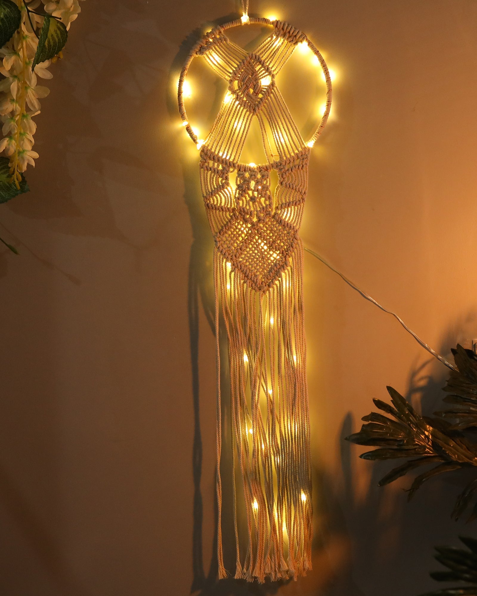 Macrame Wall Hanging Dream Catcher with String Light, Large Handmade Crochet Decor for Bedroom, Home Decor for Apartment Living Room Bedroom Baby Nursery Dorm