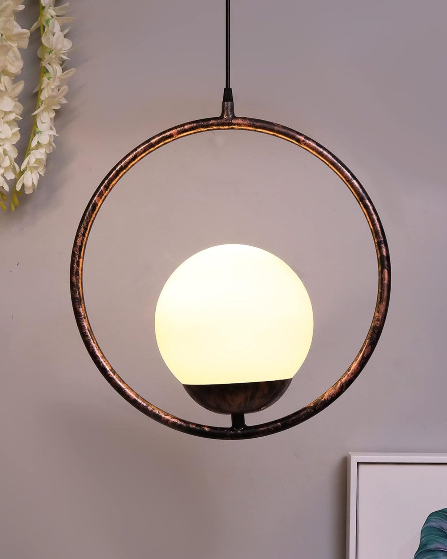 Mid Century Modern Light Chandelier Lighting, White Frosted Glass Globe Lampshade Pendant Indoor Hanging Light Fixture, Rubbed Bronze Round