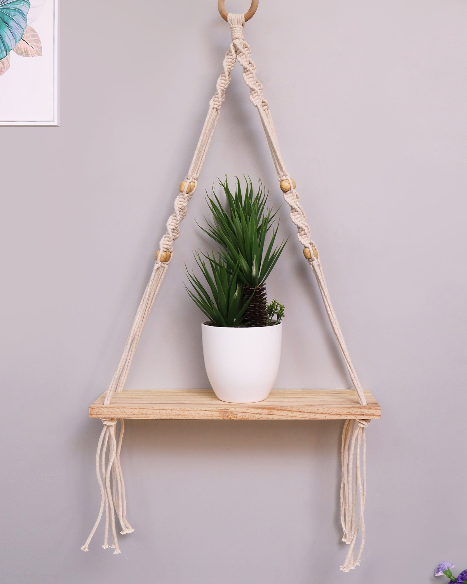 Handmade Rectangular Macrame Hanging Shelf Rustic Boho 1 Tier Shelf Wall Hanging Wooden Shelves Perfect for Living Room Bedroom Kitchen Bathroom